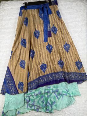 Vintage Pineapple Sari Silk Magic Wrap Skirt Reversible Boho Festival Free Size